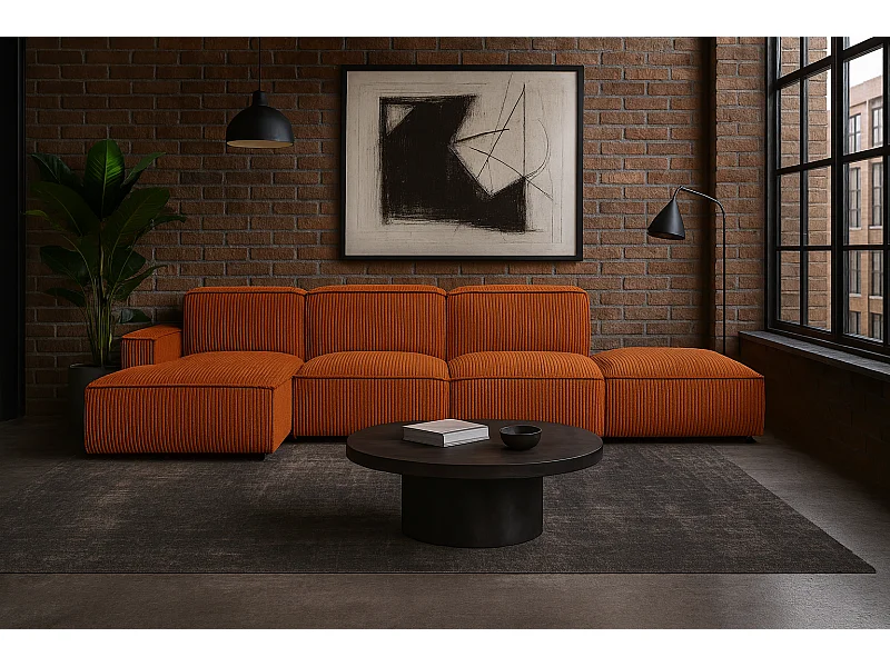 Ecksofa L-Form + Hocker Cursal, Stoff Poso, Kupfer, Links