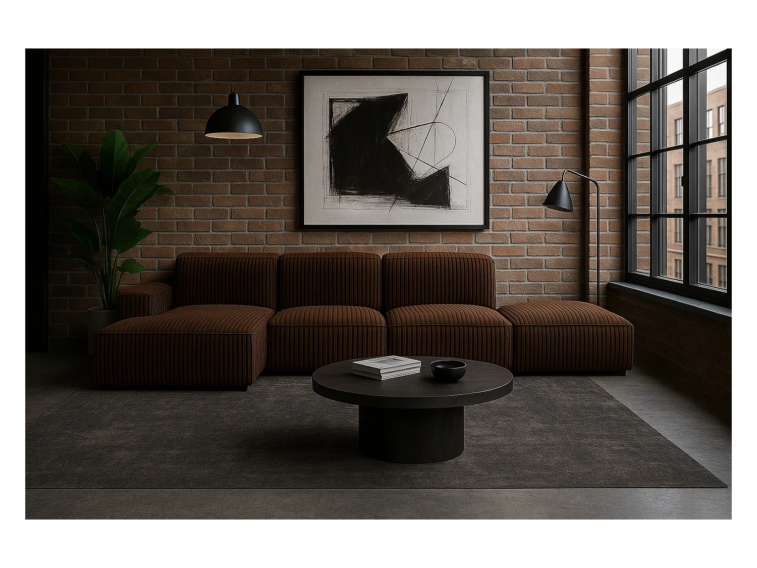 Canapé d'angle en L + tabouret Cursal, tissu Poso, marron, gauche