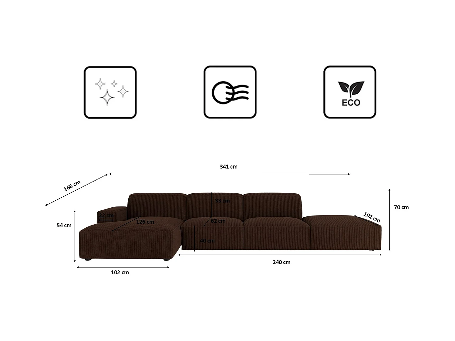 Canapé d'angle en L + tabouret Cursal, tissu Poso, marron, gauche