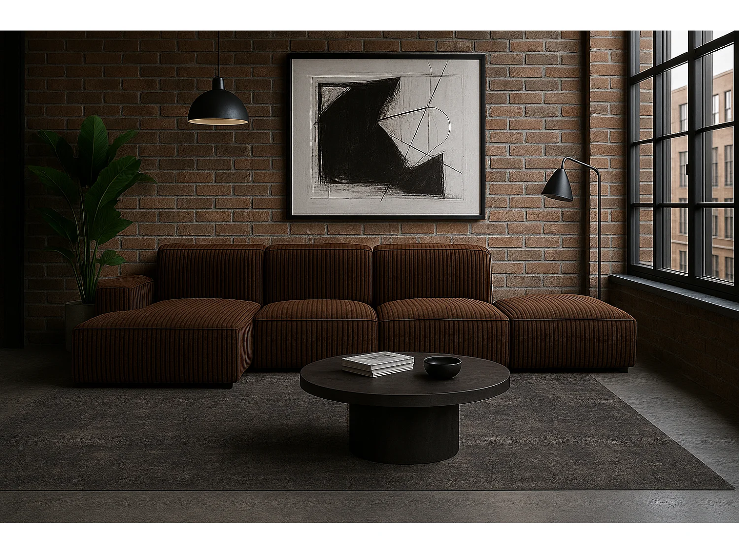 Canapé d'angle en L + tabouret Cursal, tissu Poso, marron, gauche