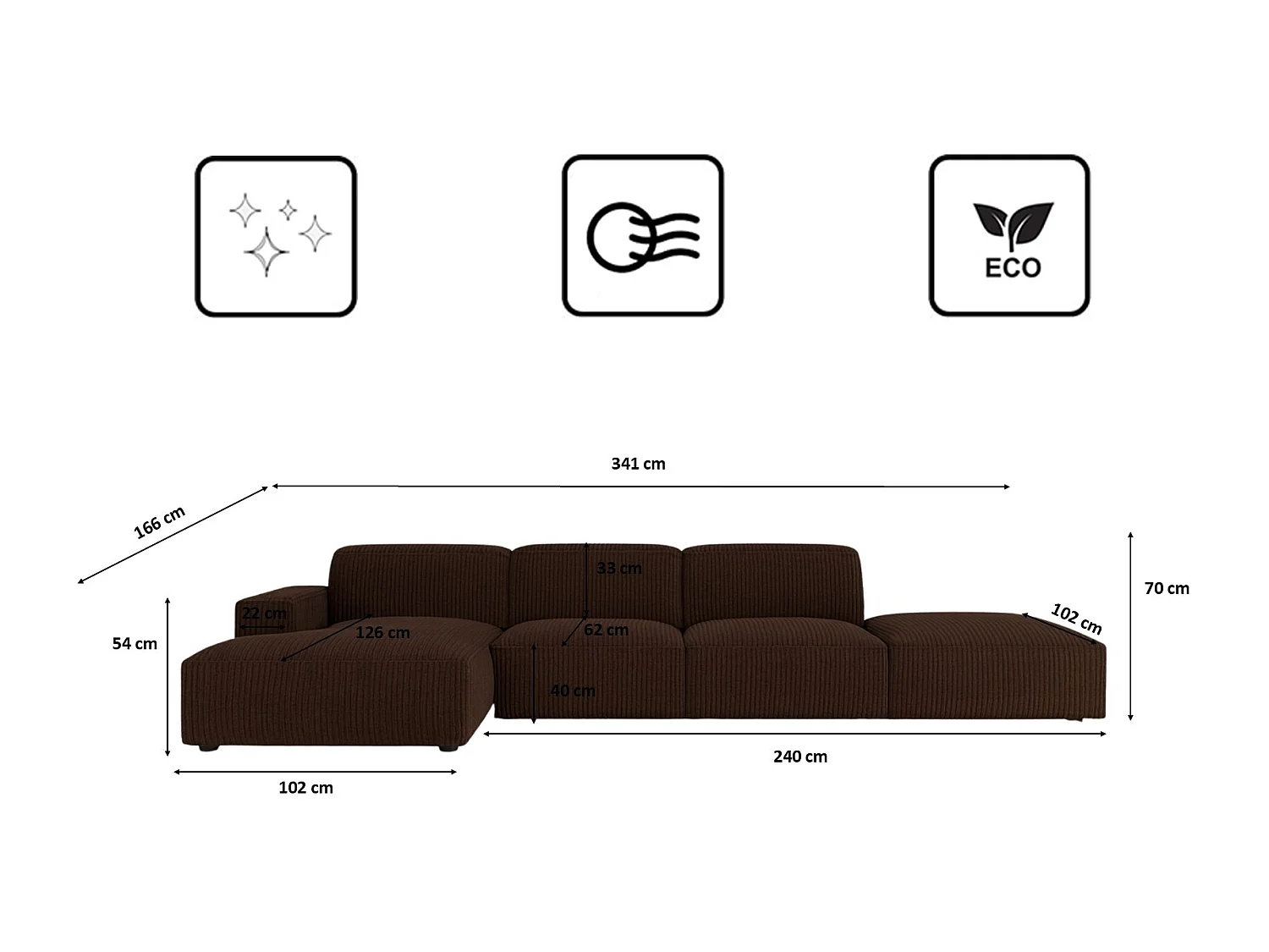 Canapé d'angle en L + tabouret Cursal, tissu Poso, marron, gauche