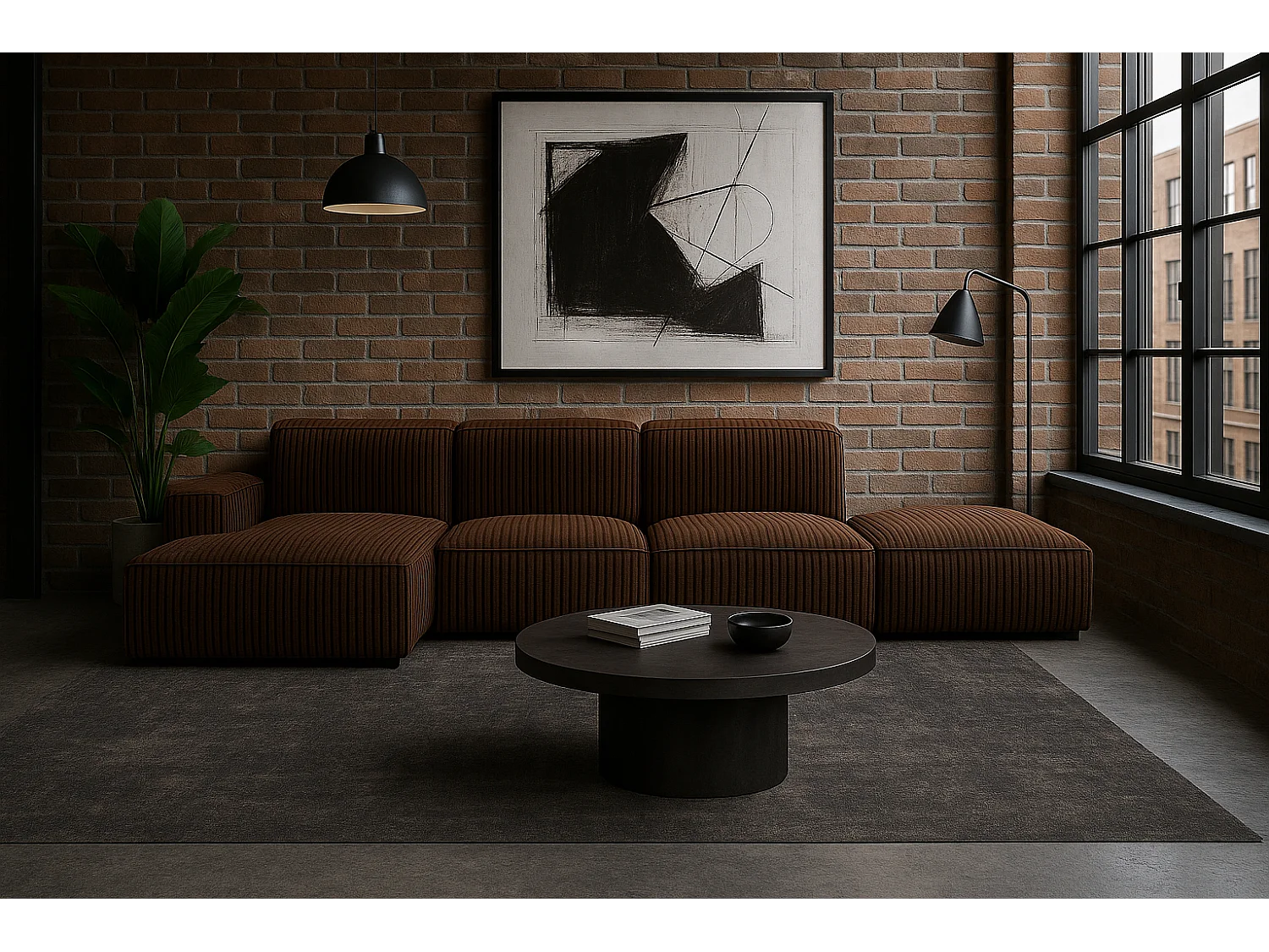 Divano angolare a L + sgabello Cursal, tessuto Poso, marrone, sinistro