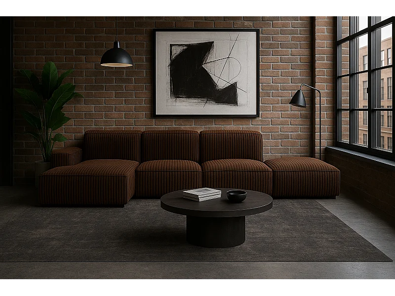 Divano angolare a L + sgabello Cursal, tessuto Poso, marrone, sinistro