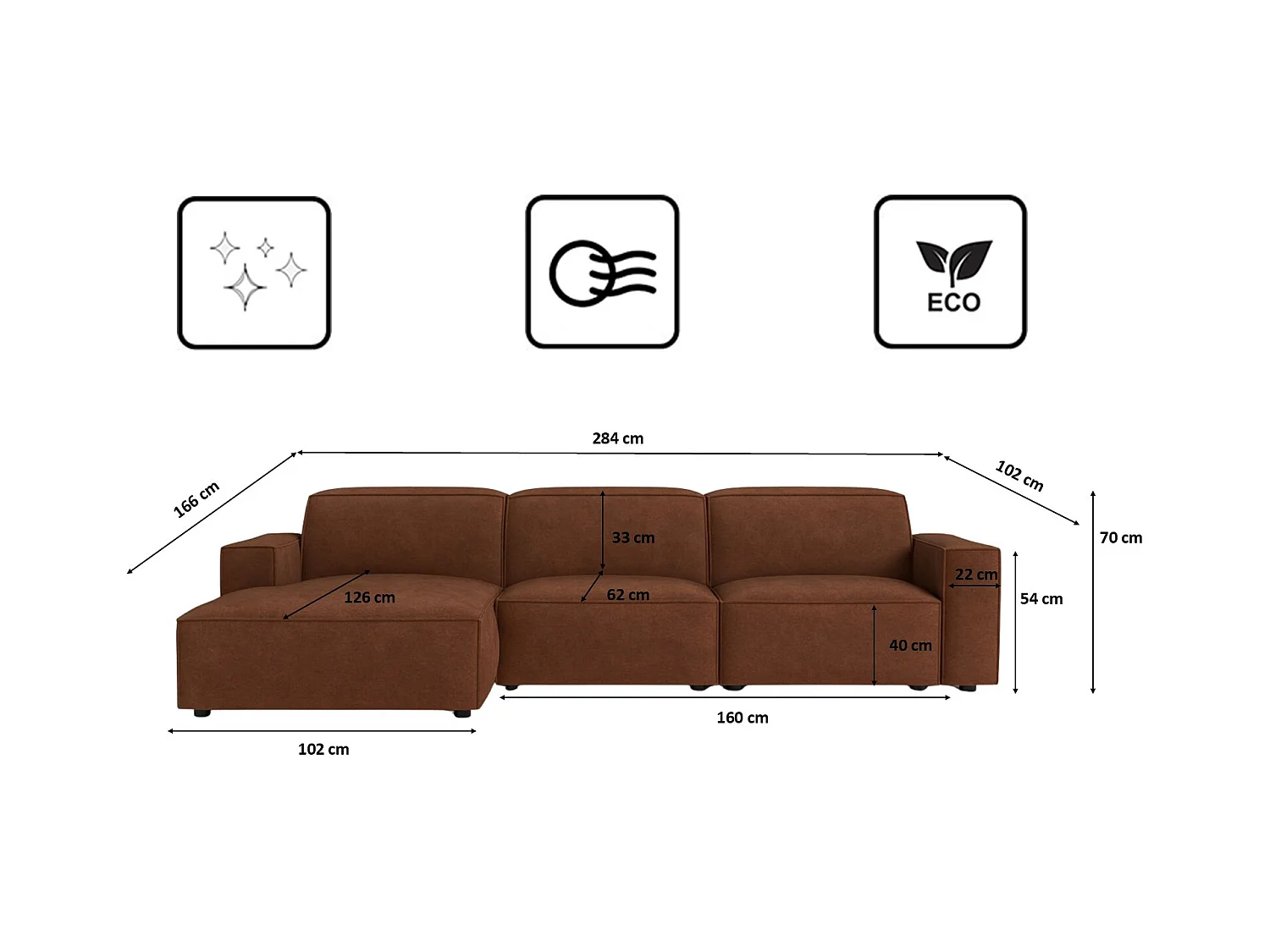 Canapé d'angle en L Cursal, tissu Salvador, marron foncé, gauche
