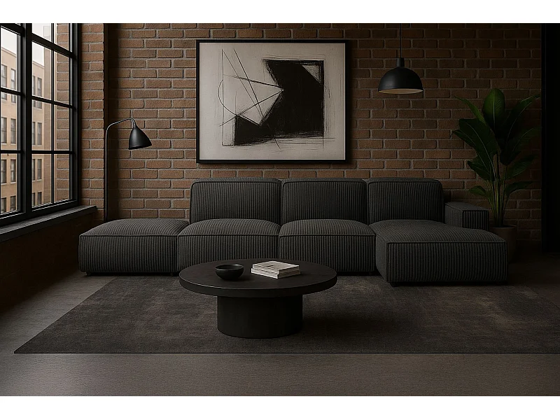 Canapé d'angle en L + repose-pieds Cursal, tissu Poso, gris, droit