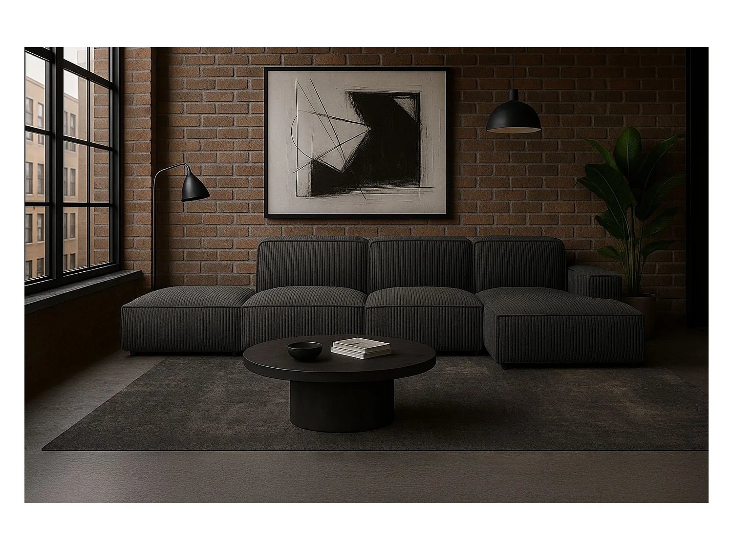 Canapé d'angle en L + repose-pieds Cursal, tissu Poso, gris, droit