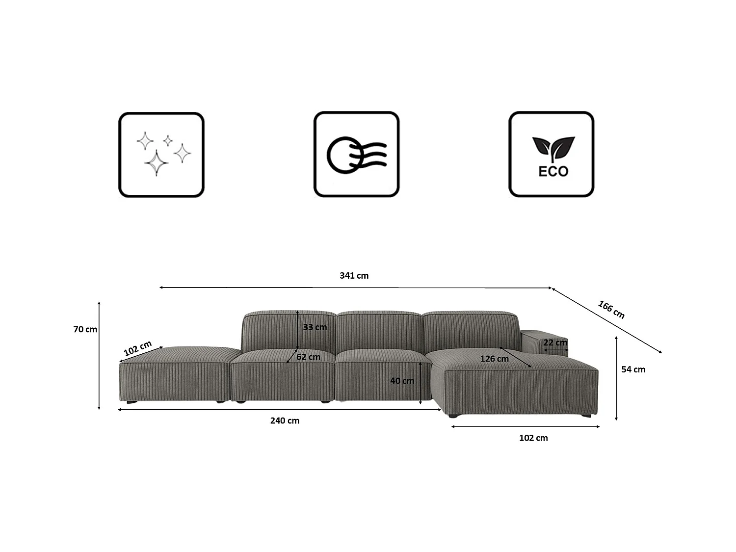 Canapé d'angle en L + repose-pieds Cursal, tissu Poso, gris, droit