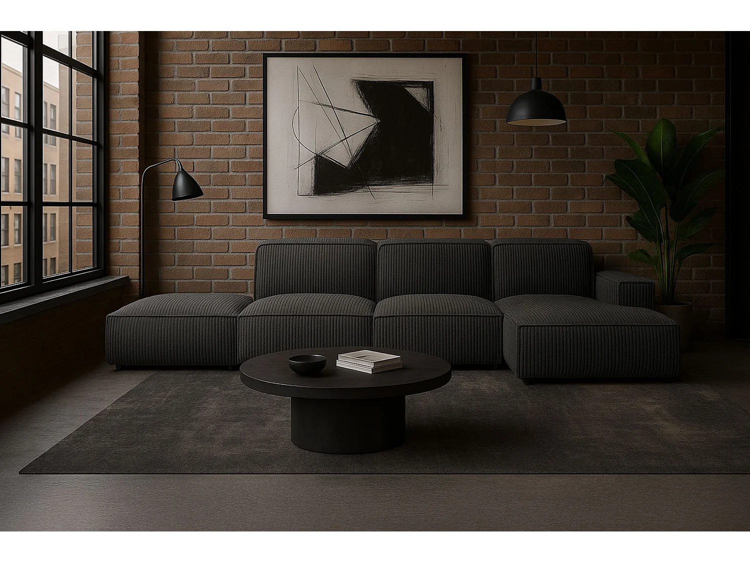 Canapé d'angle en L + repose-pieds Cursal, tissu Poso, gris, droit