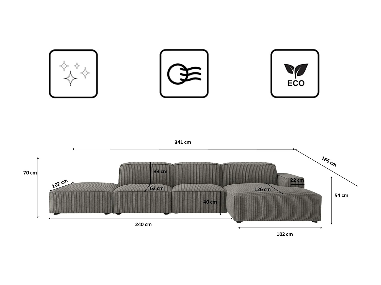 Canapé d'angle en L + repose-pieds Cursal, tissu Poso, gris, droit