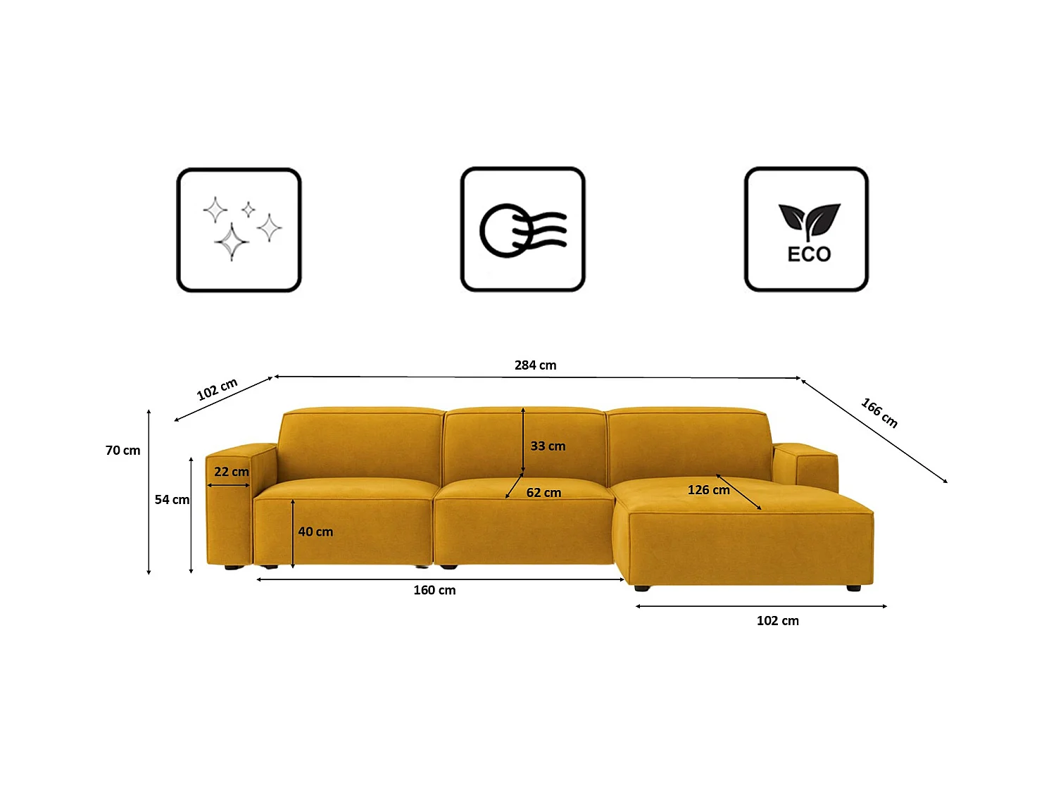Ecksofa L-Form Cursal, Stoff Salvador, Gelb, Rechts