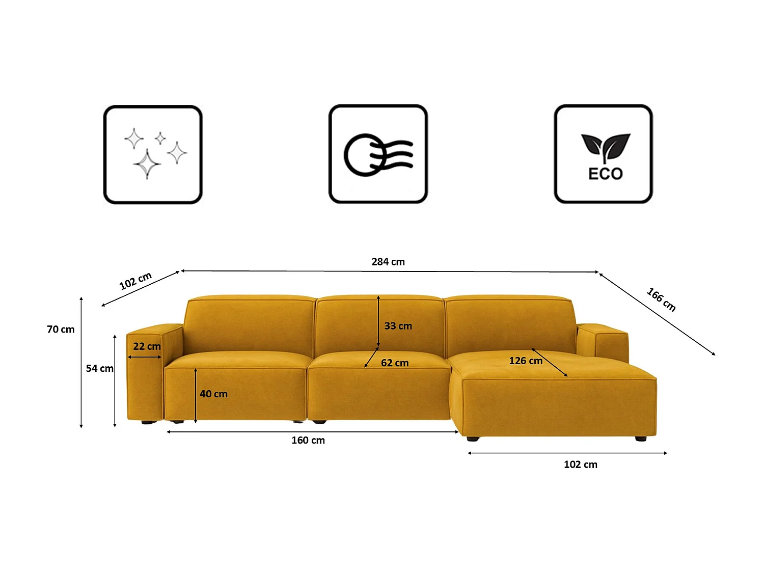 Canapé d'angle en L Cursal, tissu Salvador, jaune, droit