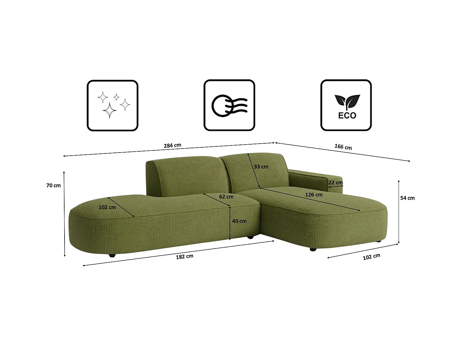 Divano angolare Cursal Atelier, tessuto Artico, muschio, destra