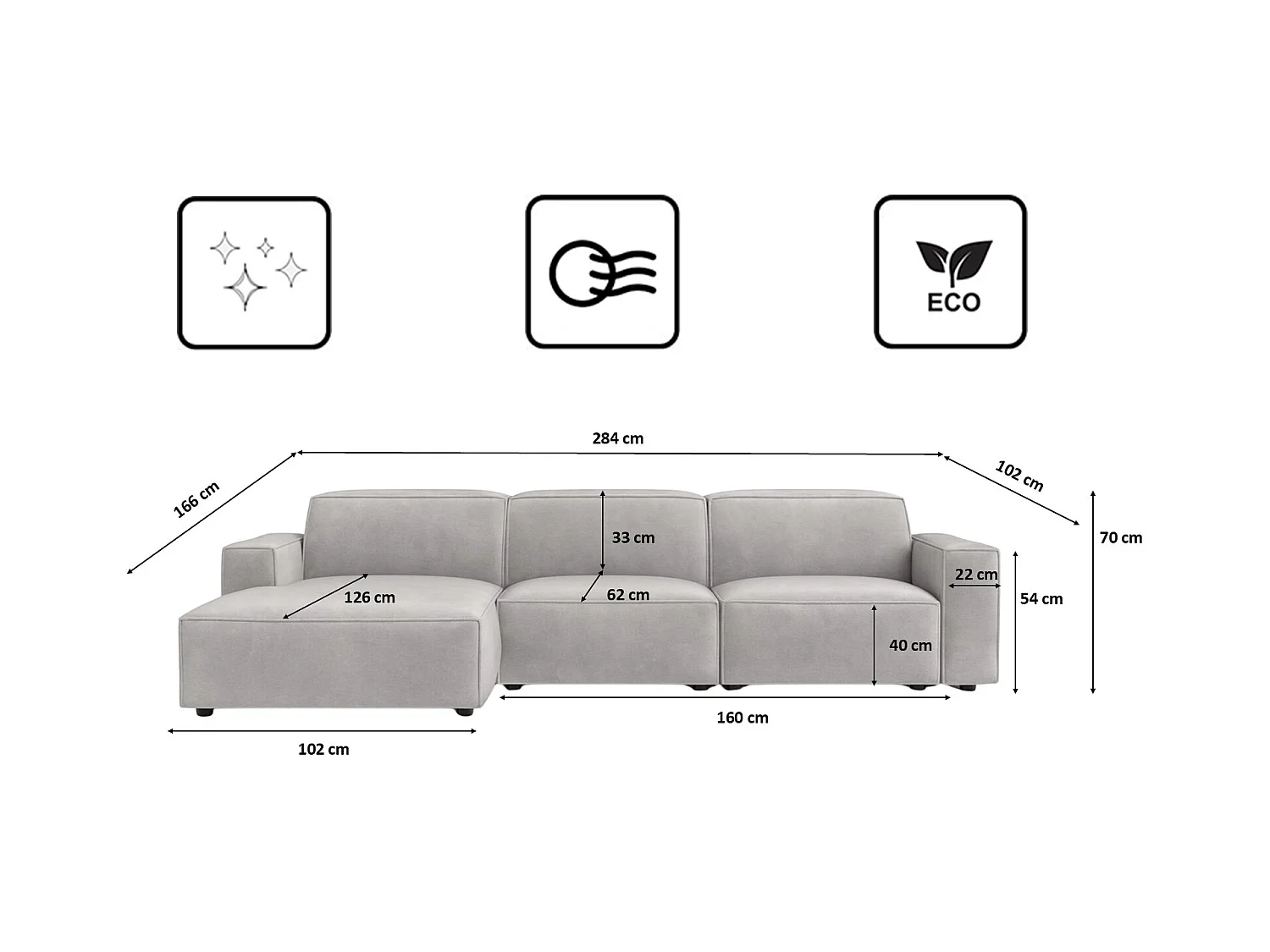 Canapé d'angle en L Cursal, tissu Salvador, gris, gauche