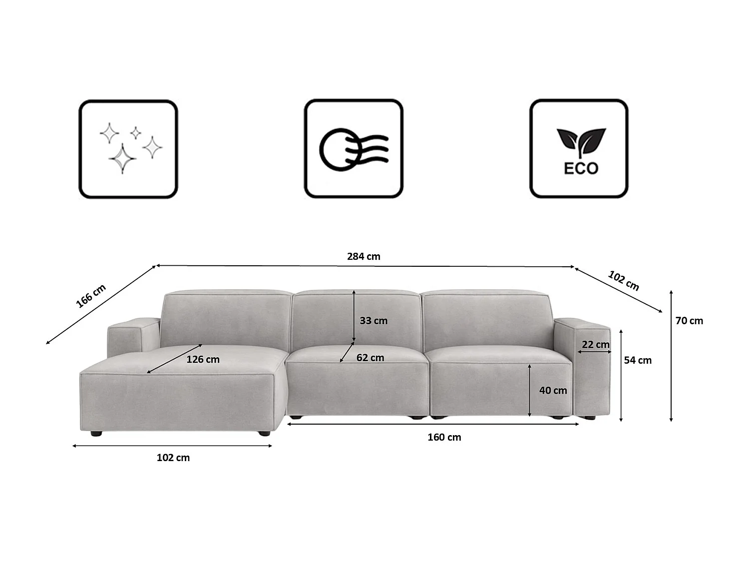 Canapé d'angle en L Cursal, tissu Salvador, gris, gauche