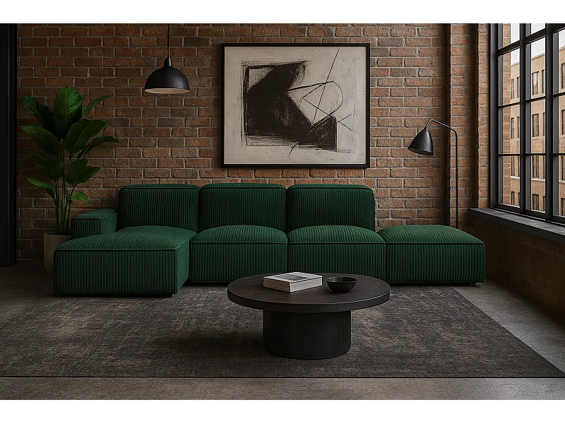 Canapé d'angle en L + tabouret Cursal, tissu Poso, vert, gauche