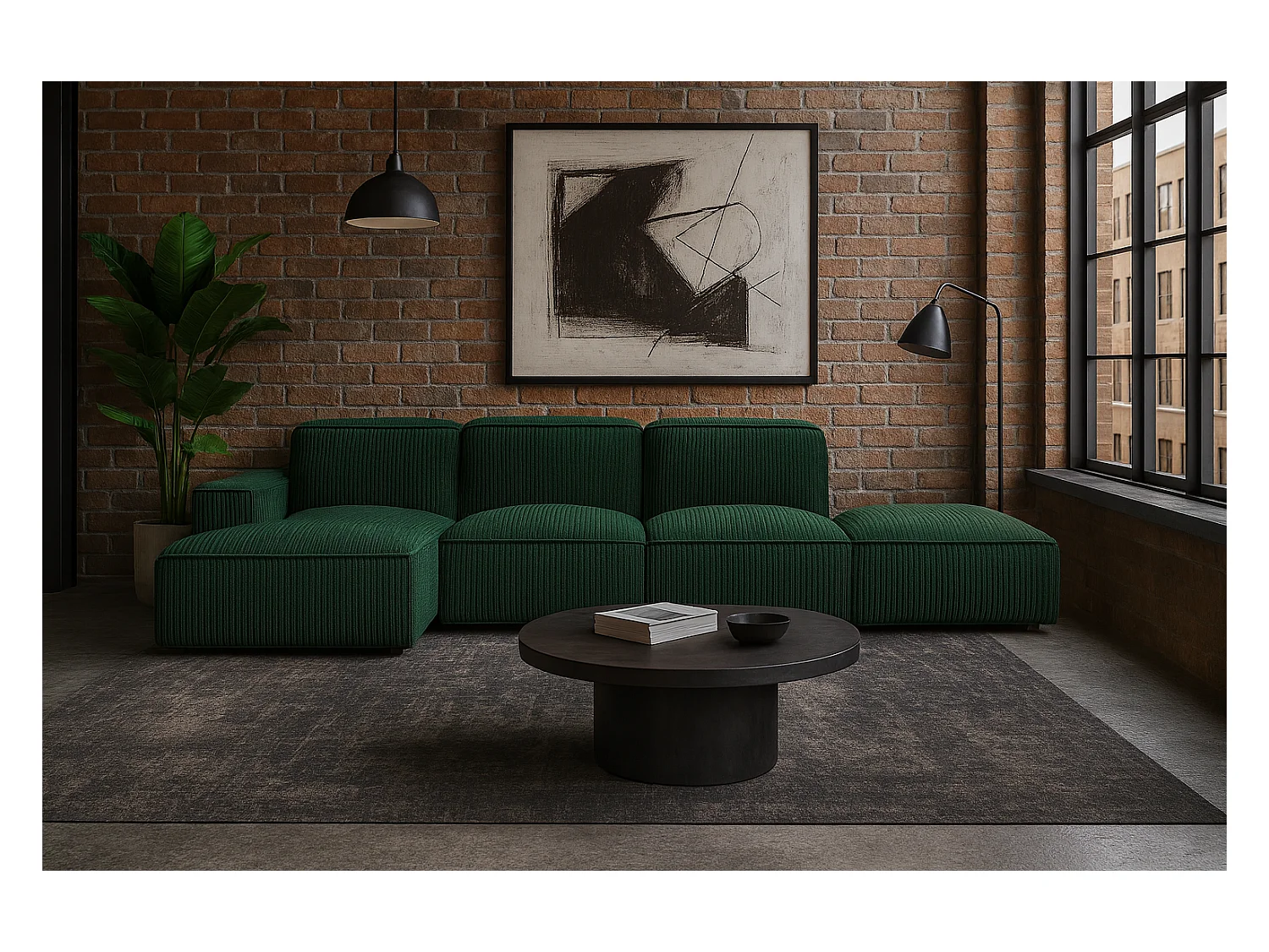 Canapé d'angle en L + tabouret Cursal, tissu Poso, vert, gauche