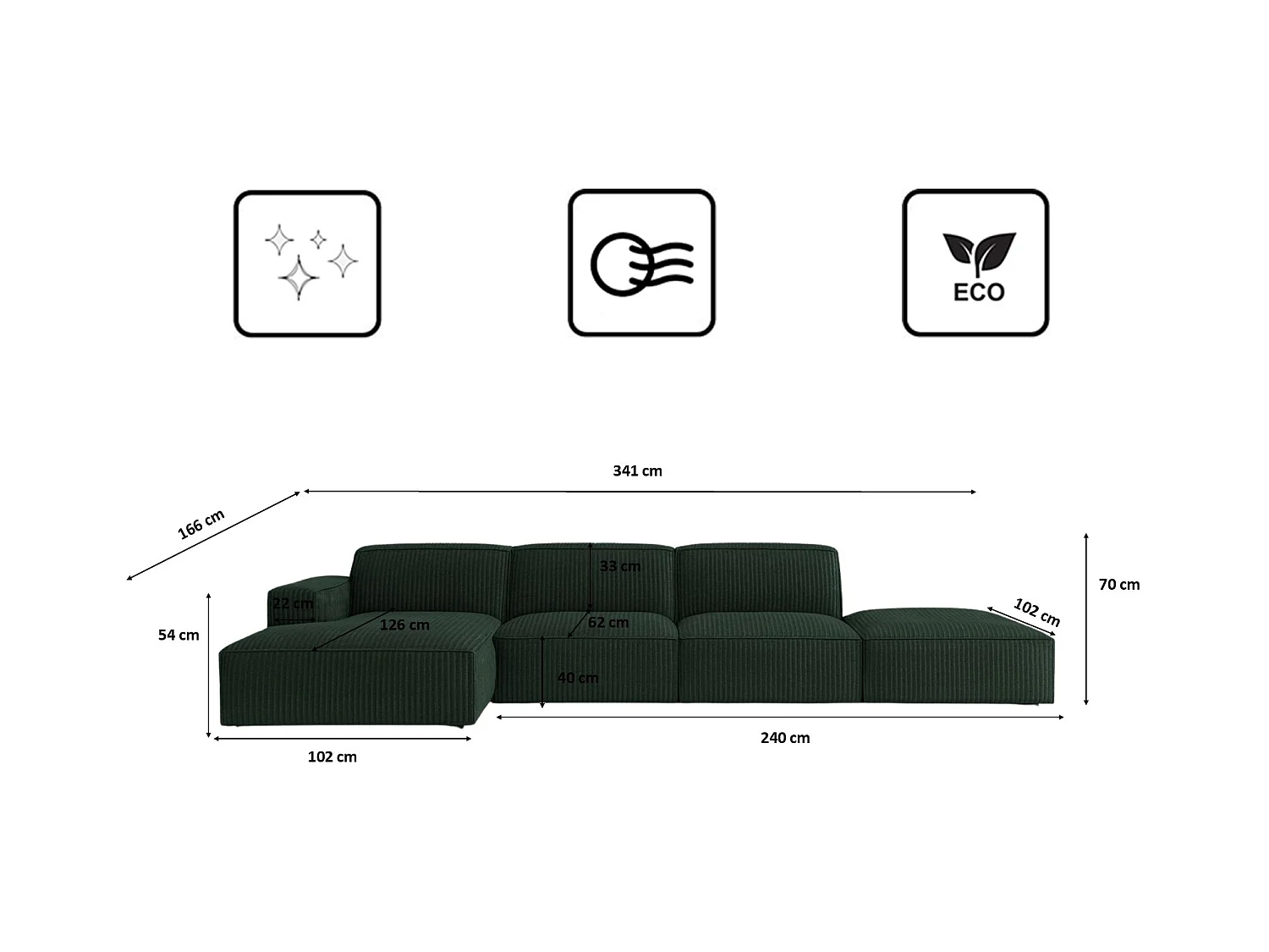 Canapé d'angle en L + tabouret Cursal, tissu Poso, vert, gauche
