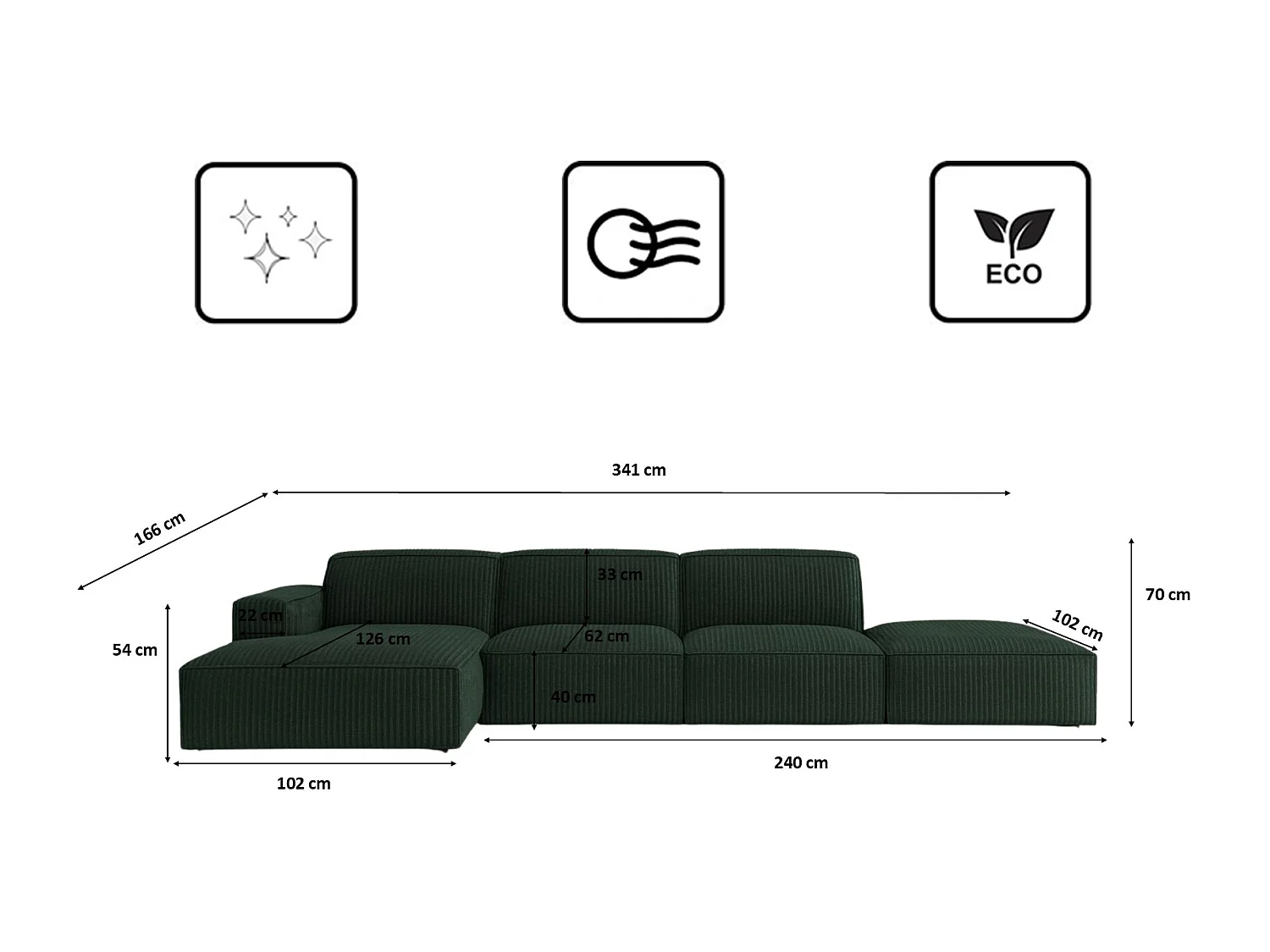 Canapé d'angle en L + tabouret Cursal, tissu Poso, vert, gauche