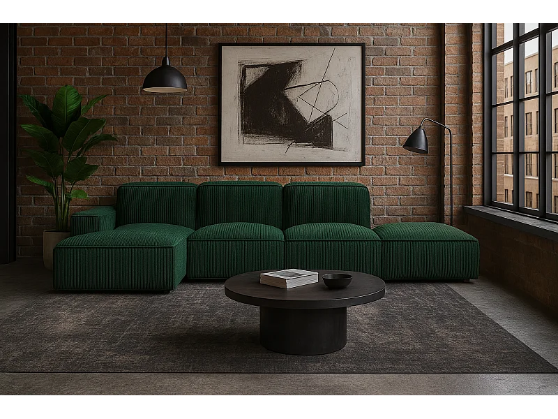 Canapé d'angle en L + tabouret Cursal, tissu Poso, vert, gauche