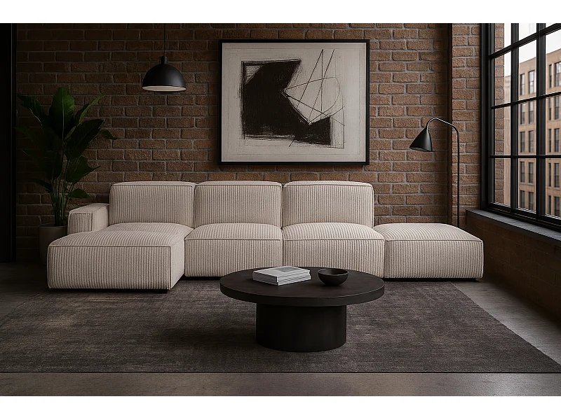 Divano angolare a L + sgabello Cursal, tessuto Poso, beige, sinistro