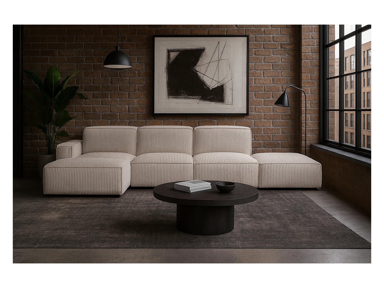 Canapé d'angle en L + tabouret Cursal, tissu Poso, beige, gauche