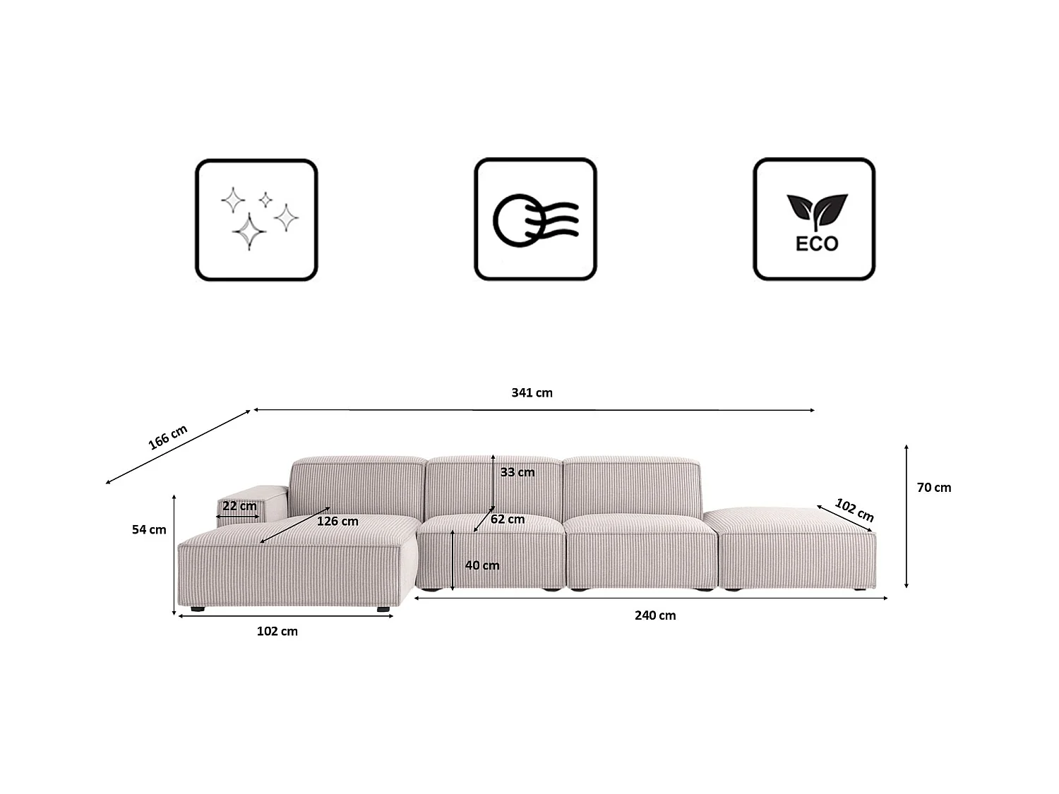 Canapé d'angle en L + tabouret Cursal, tissu Poso, beige, gauche