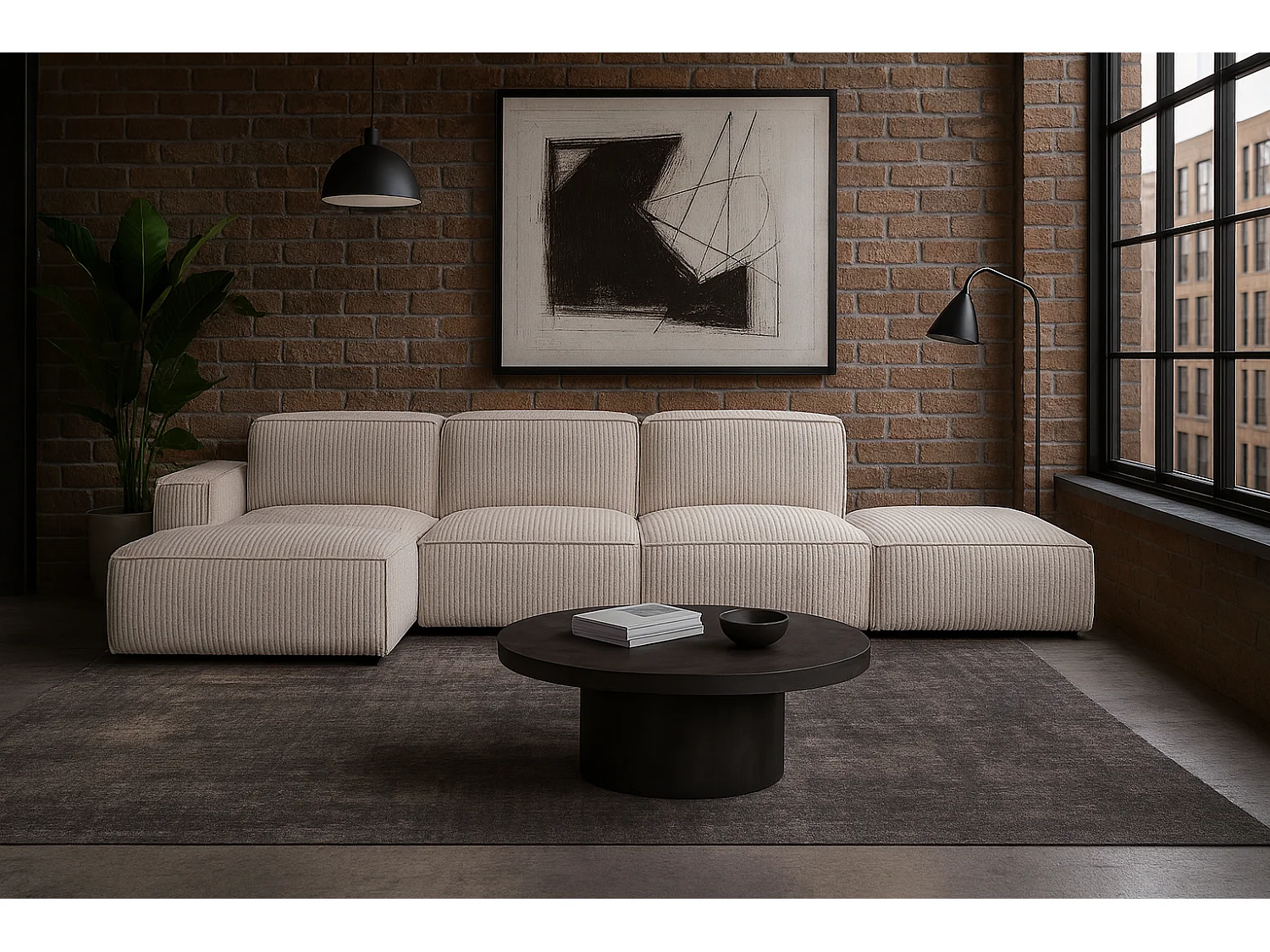 Canapé d'angle en L + tabouret Cursal, tissu Poso, beige, gauche