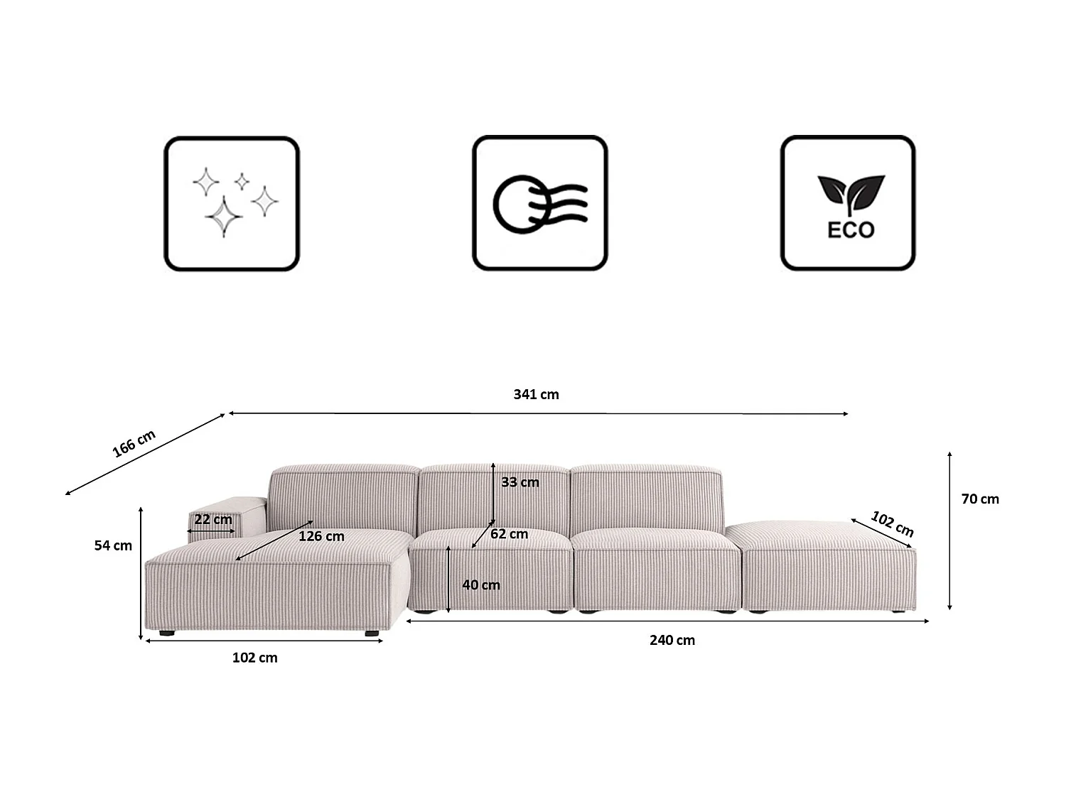 Canapé d'angle en L + tabouret Cursal, tissu Poso, beige, gauche