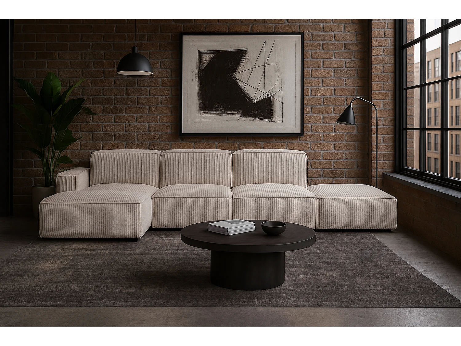 Divano angolare a L + sgabello Cursal, tessuto Poso, beige, sinistro