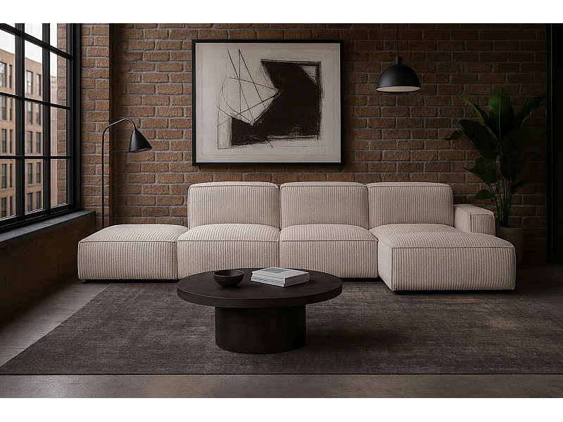 Divano angolare a L + sgabello Cursal, tessuto Poso, beige, a destra