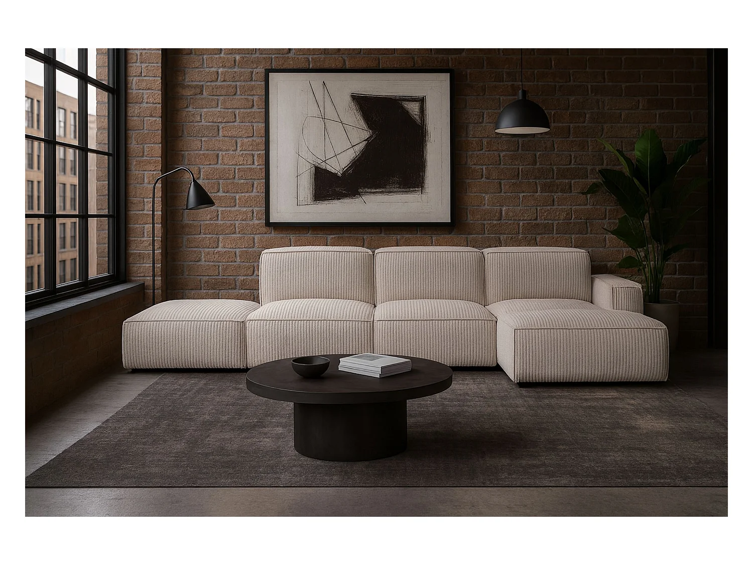 Canapé d'angle en L + tabouret Cursal, tissu Poso, beige, droit