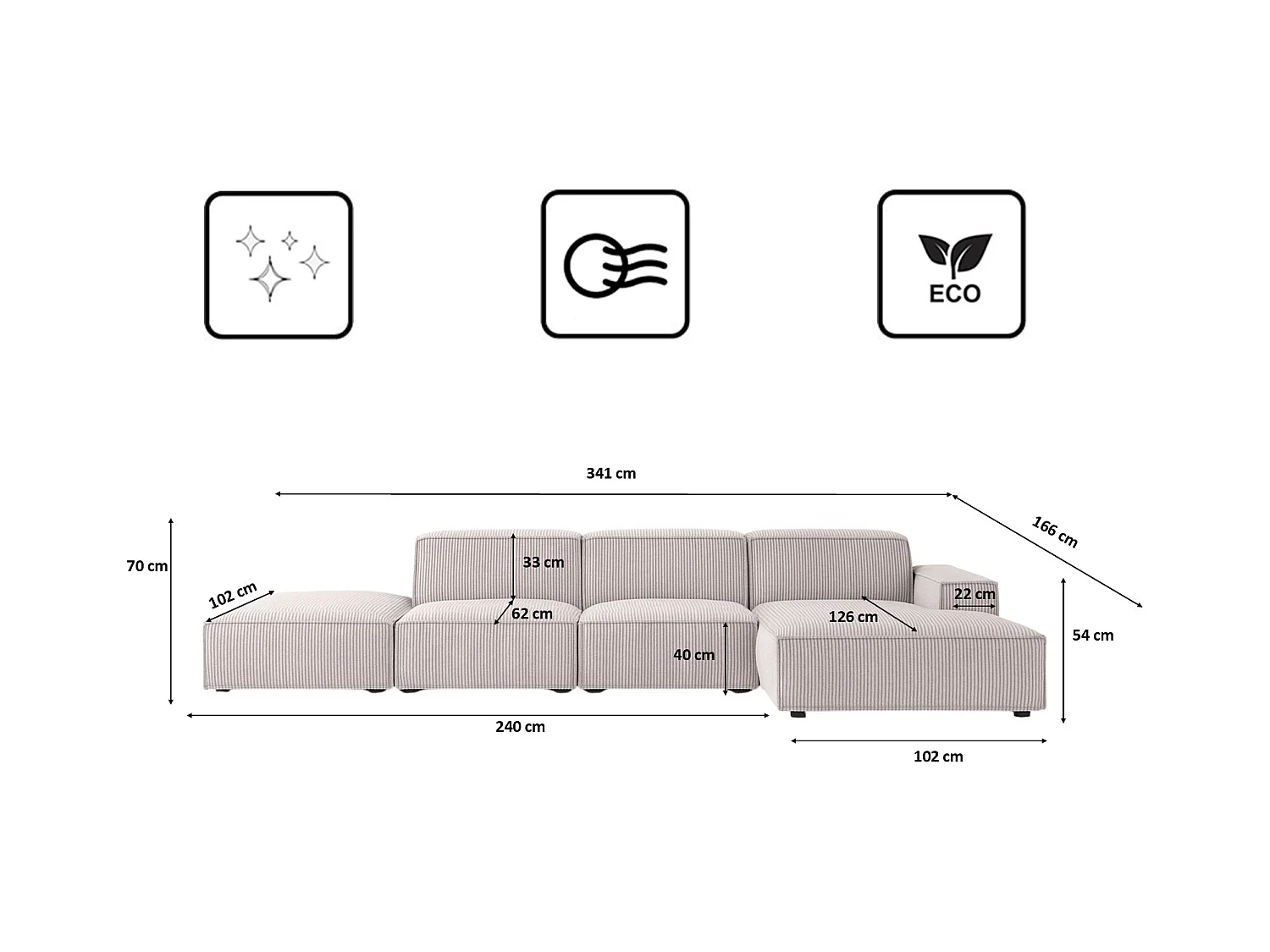 Canapé d'angle en L + tabouret Cursal, tissu Poso, beige, droit