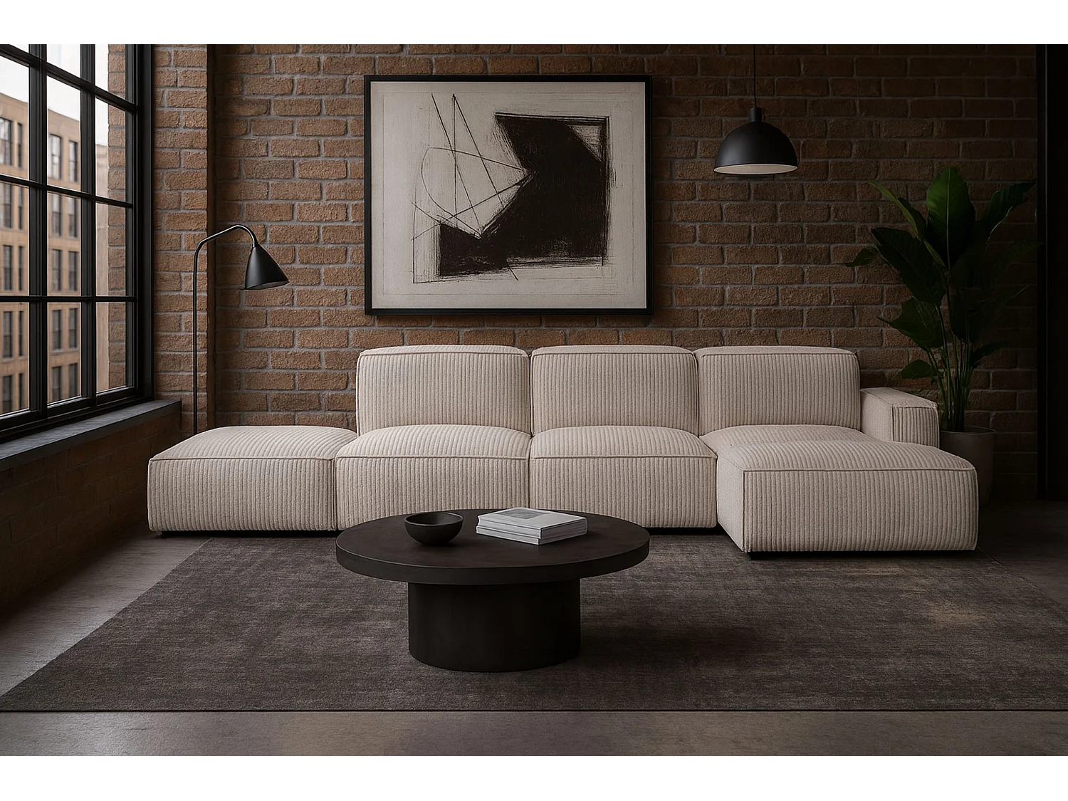 Canapé d'angle en L + tabouret Cursal, tissu Poso, beige, droit