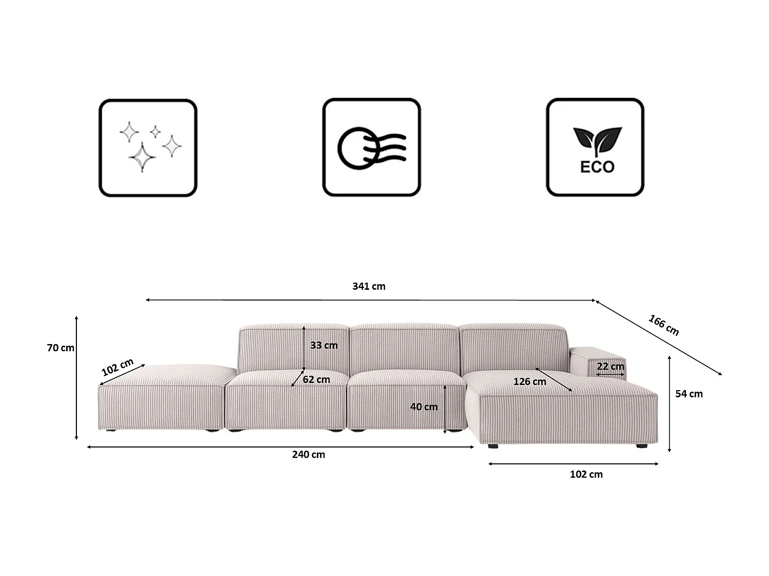 Canapé d'angle en L + tabouret Cursal, tissu Poso, beige, droit