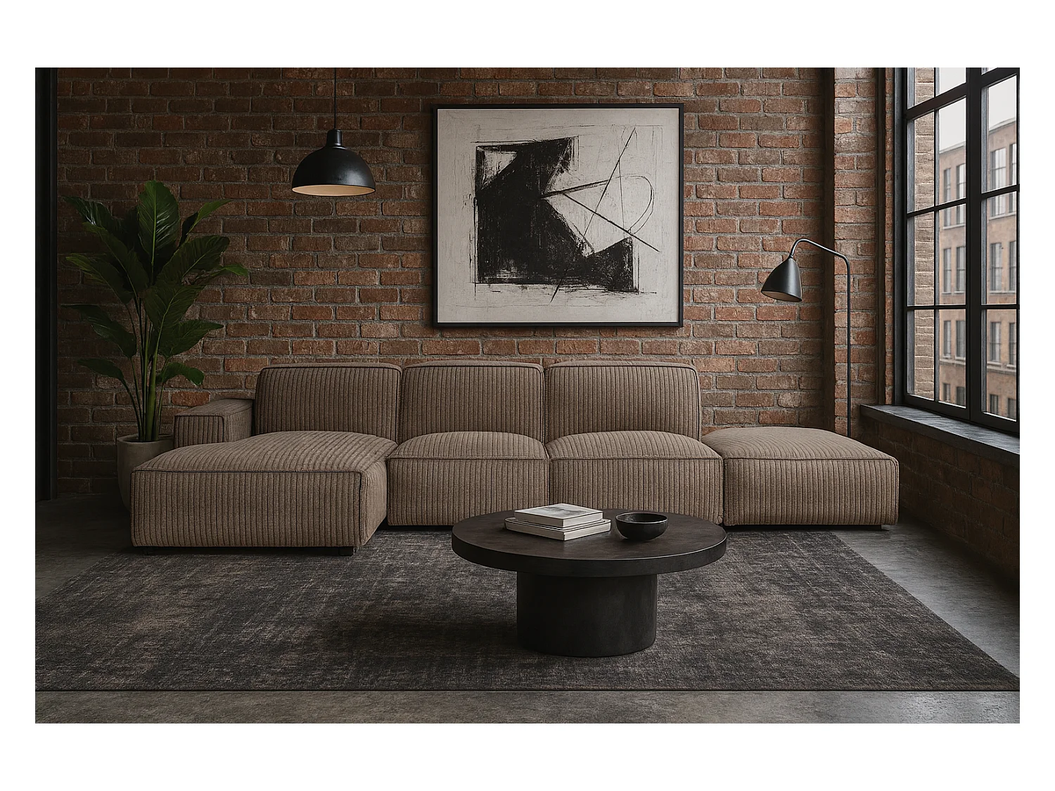 Canapé d'angle en L + tabouret Cursal, tissu Poso, beige foncé, gauche