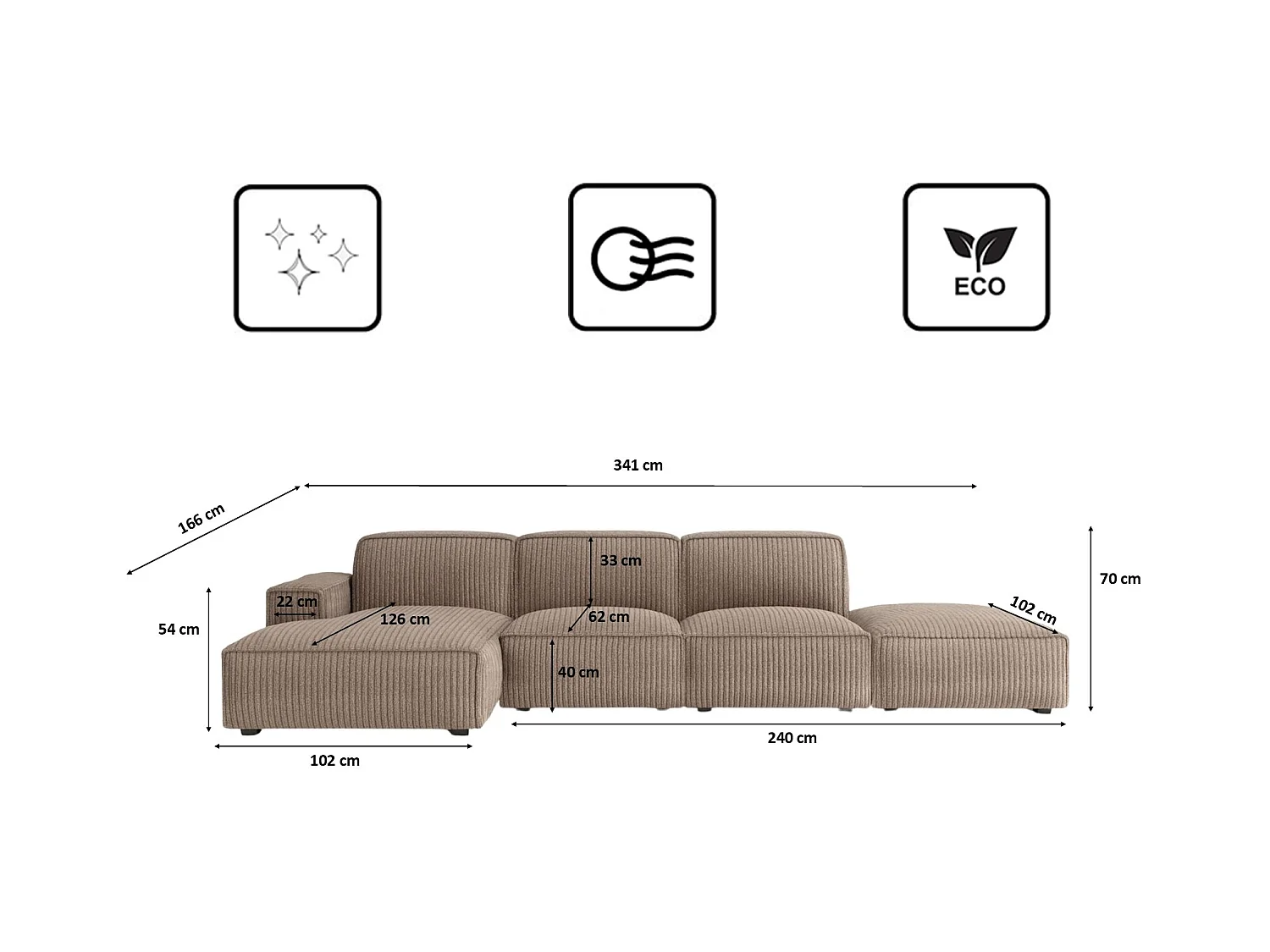 Canapé d'angle en L + tabouret Cursal, tissu Poso, beige foncé, gauche