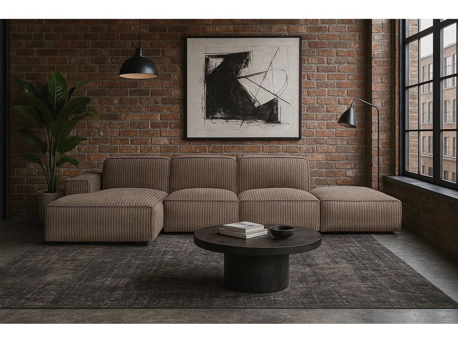 Canapé d'angle en L + tabouret Cursal, tissu Poso, beige foncé, gauche