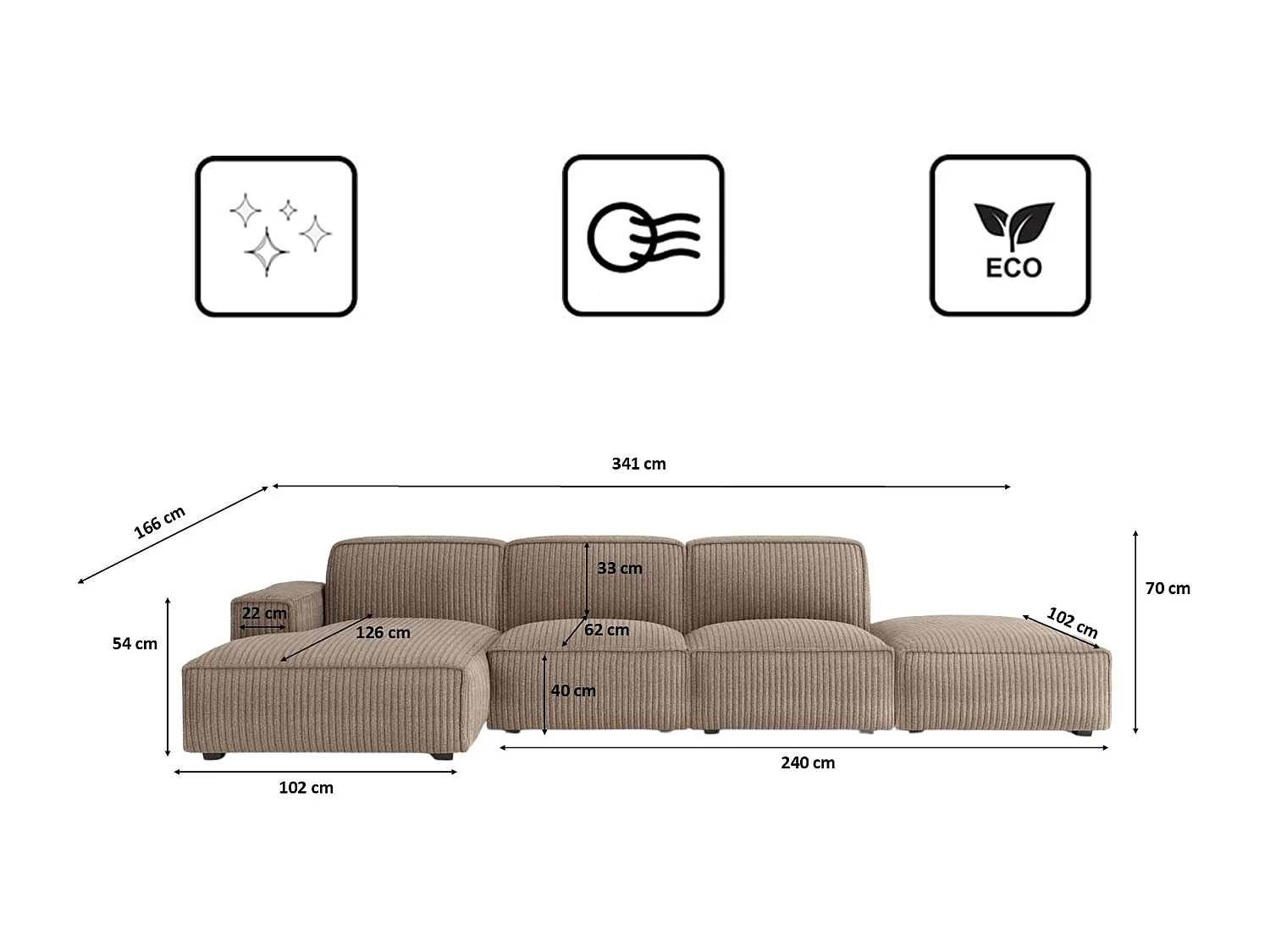 Canapé d'angle en L + tabouret Cursal, tissu Poso, beige foncé, gauche