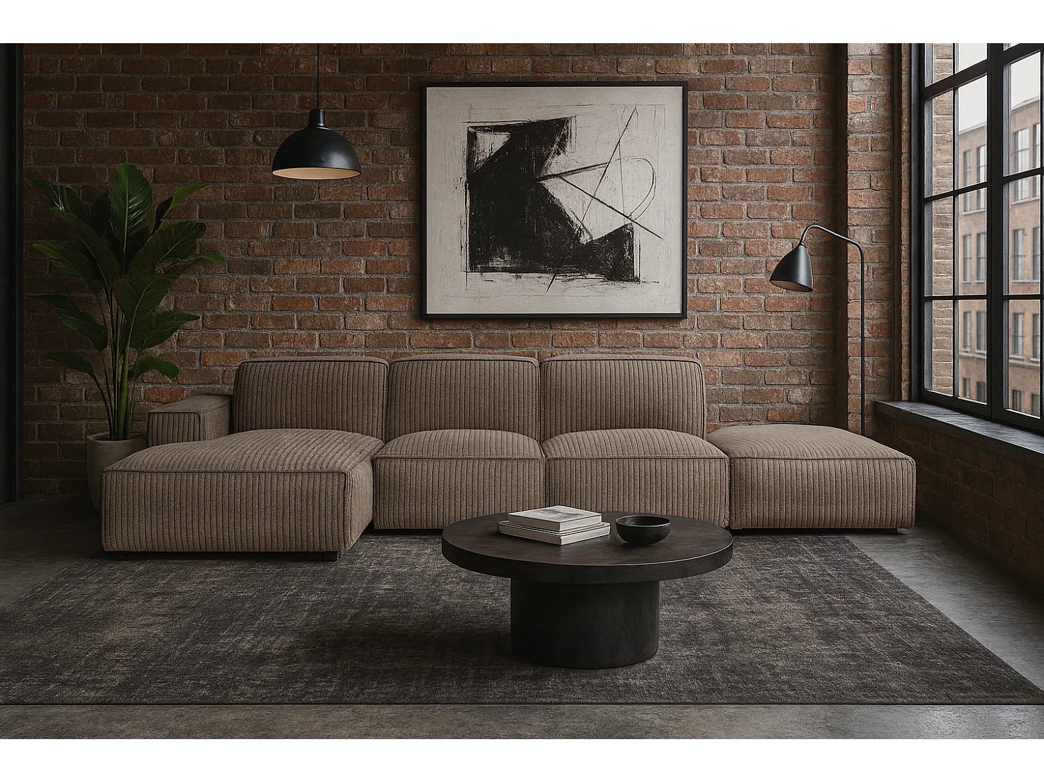 Divano angolare a L + sgabello Cursal, tessuto Poso, beige scuro, sinistro