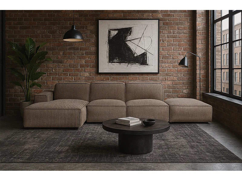 Canapé d'angle en L + tabouret Cursal, tissu Poso, beige foncé, gauche