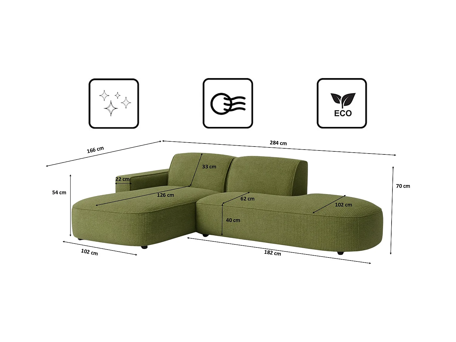 Divano angolare Cursal Atelier, tessuto Artico, muschio, sinistro