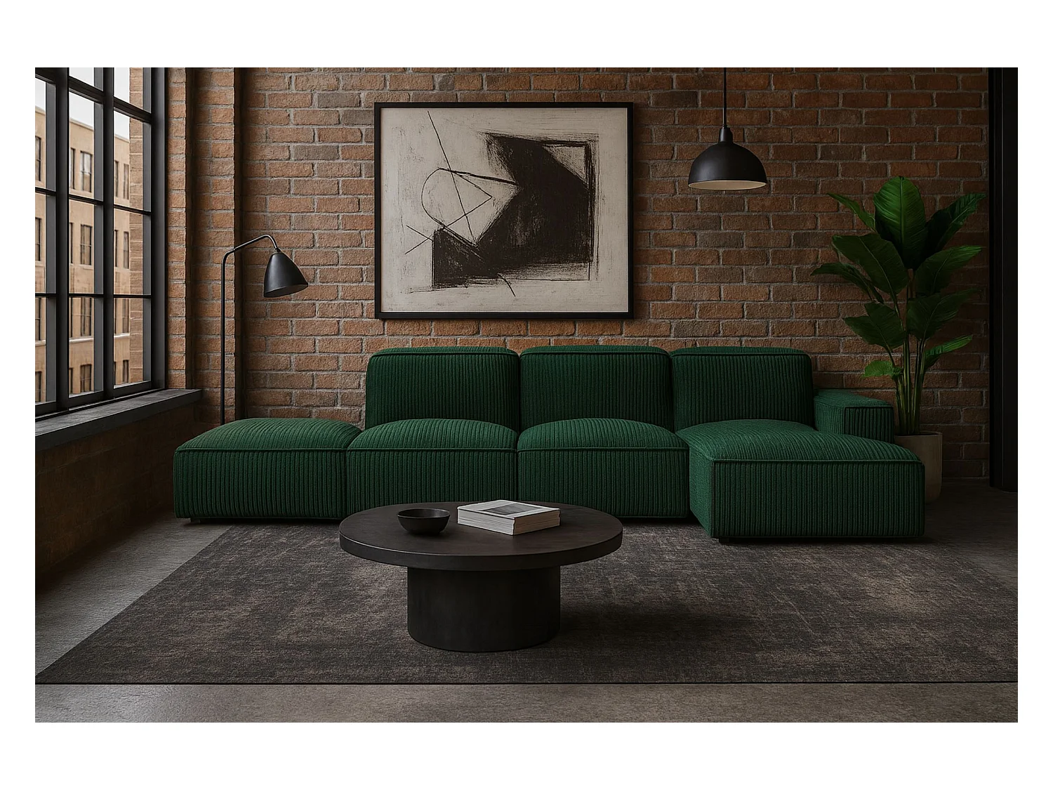 Canapé d'angle en L + tabouret Cursal, tissu Poso, vert, droit