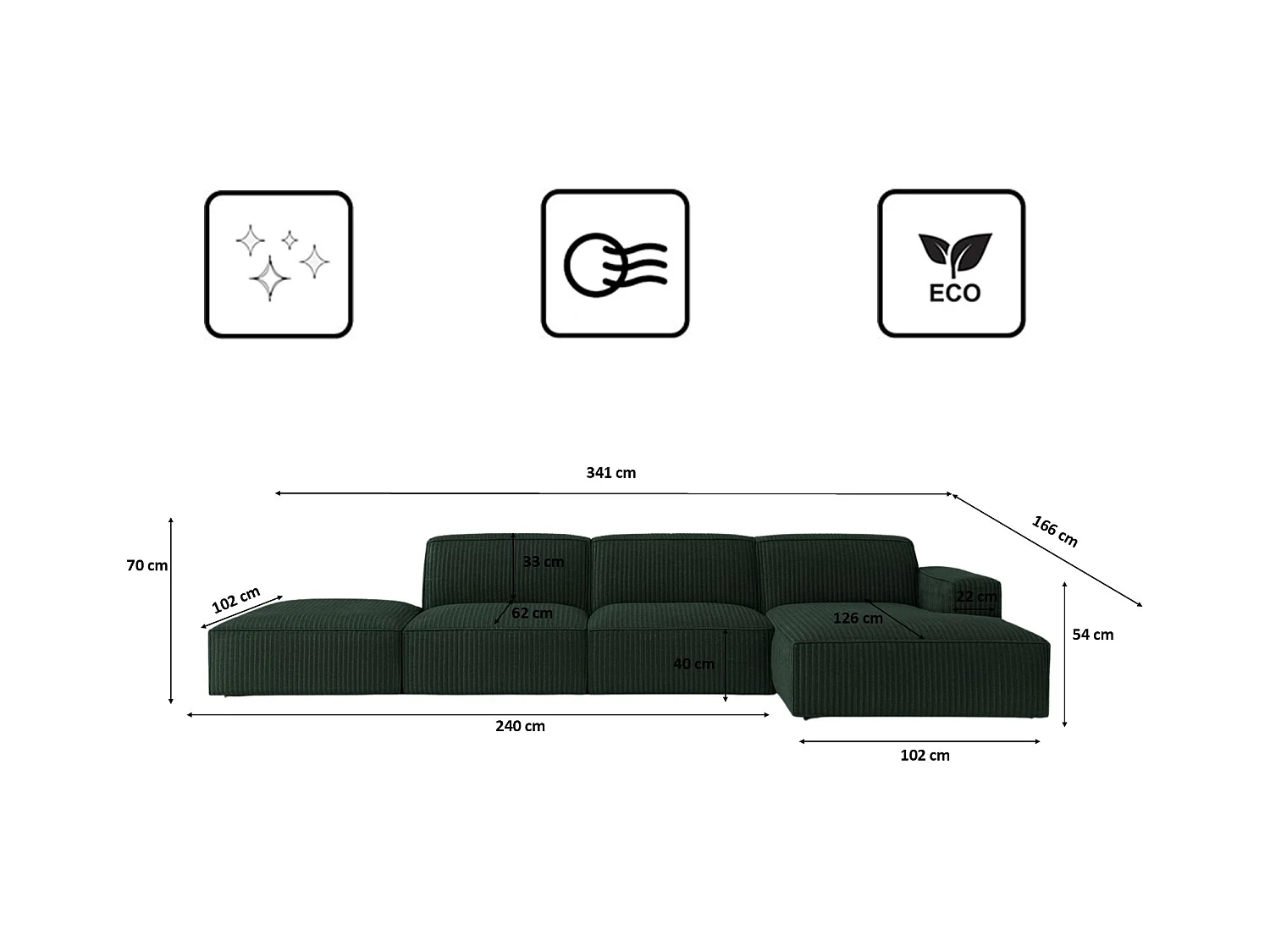 Canapé d'angle en L + tabouret Cursal, tissu Poso, vert, droit