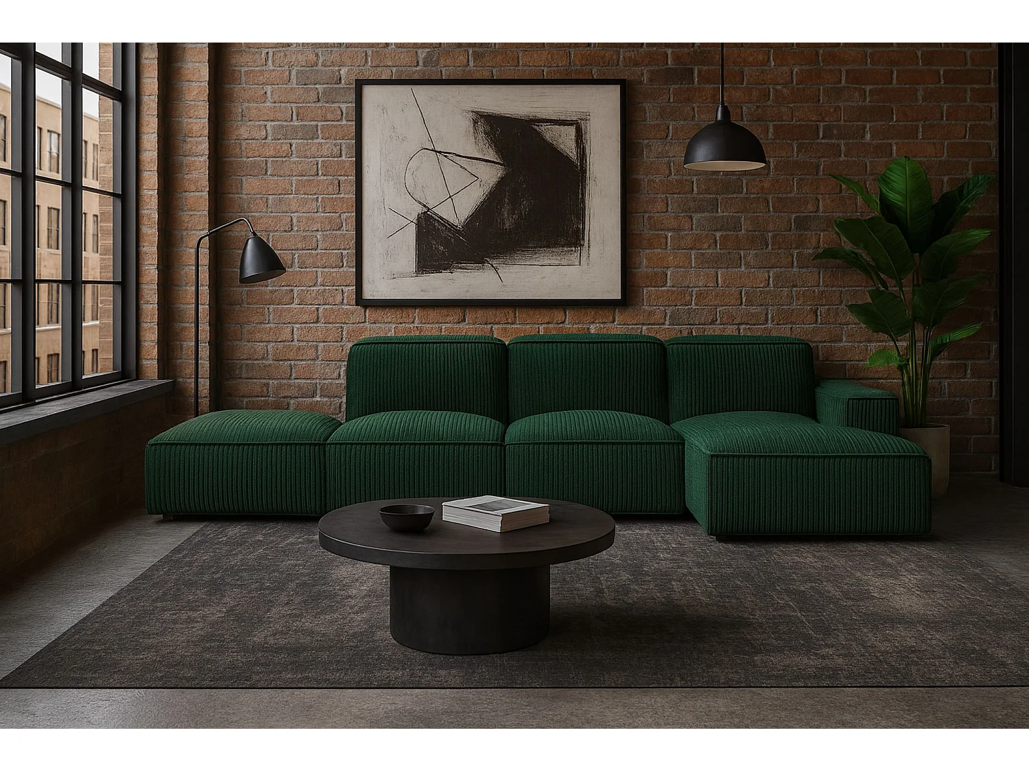 Canapé d'angle en L + tabouret Cursal, tissu Poso, vert, droit