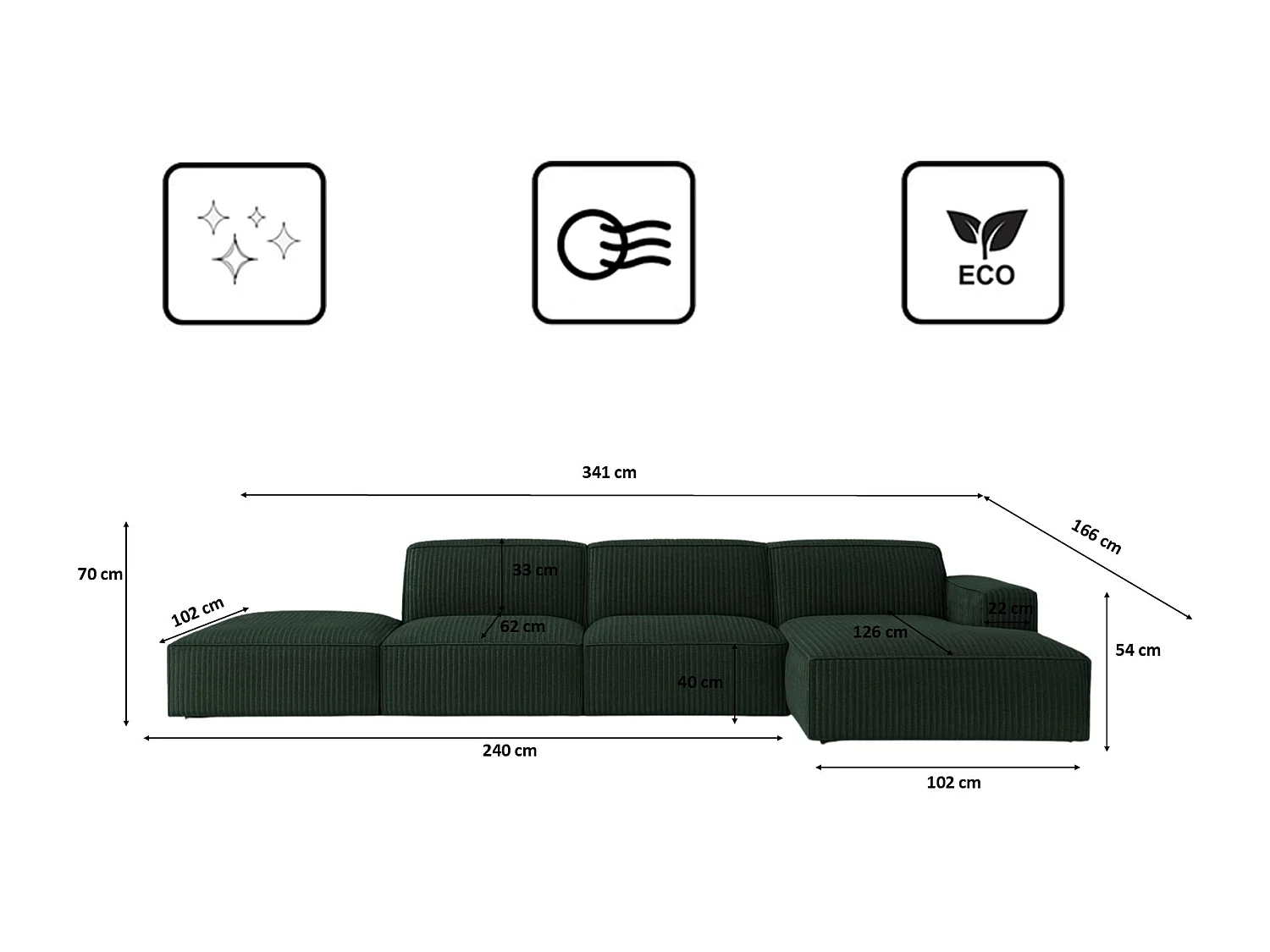 Canapé d'angle en L + tabouret Cursal, tissu Poso, vert, droit