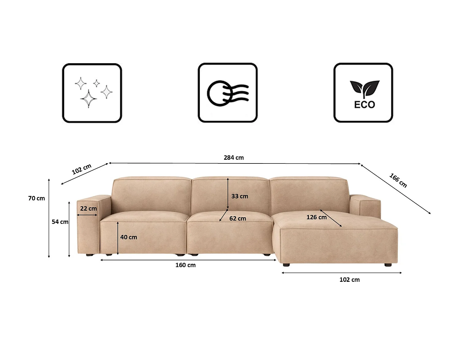 Canapé d'angle en L Cursal, tissu Salvador, beige, droit