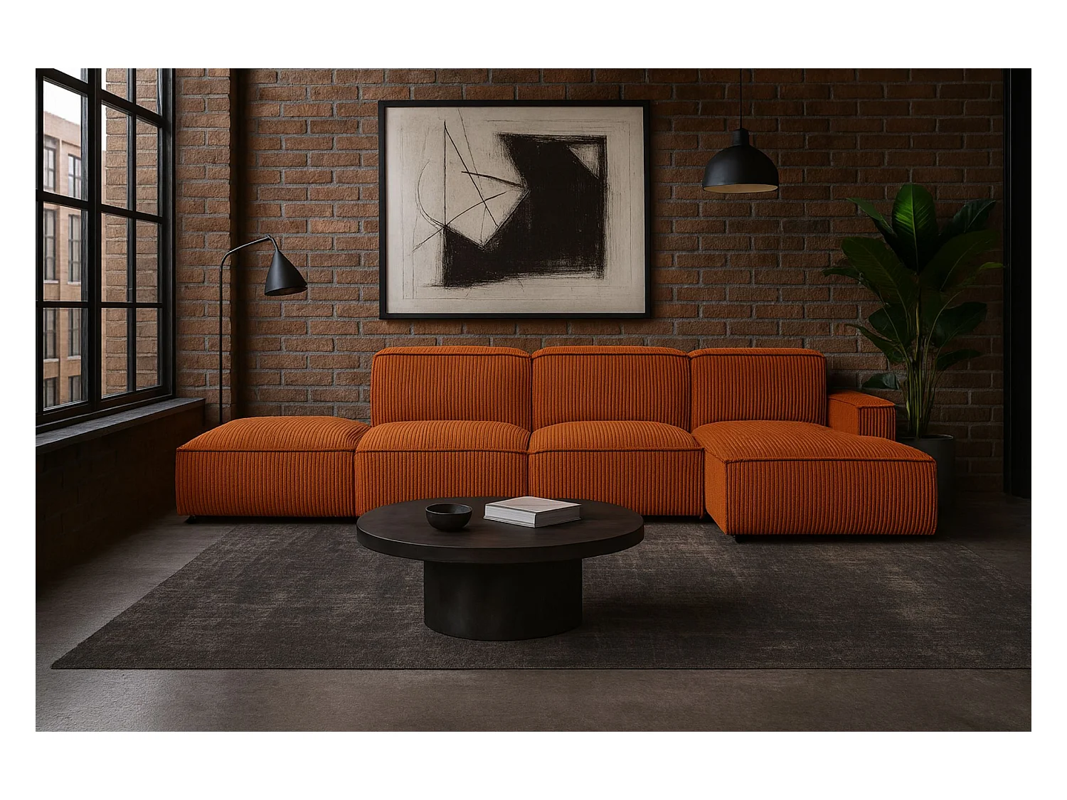 Canapé d'angle en L + tabouret Cursal, tissu Poso, cuivre, droite