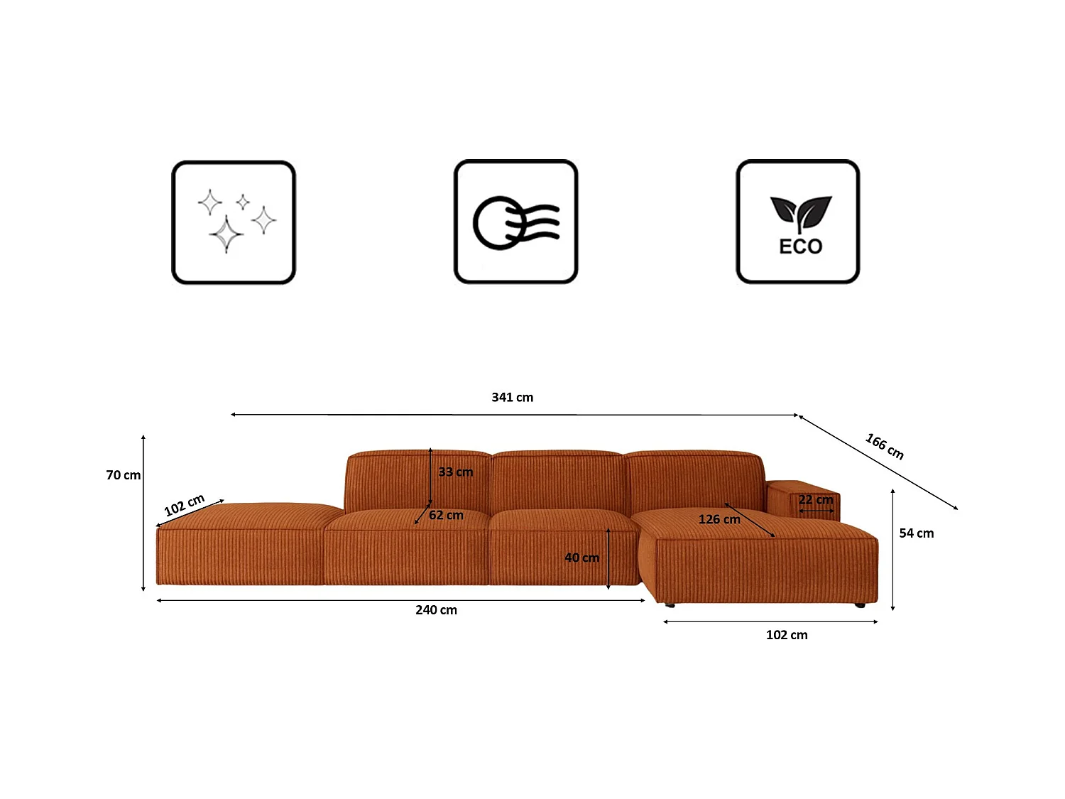 Canapé d'angle en L + tabouret Cursal, tissu Poso, cuivre, droite