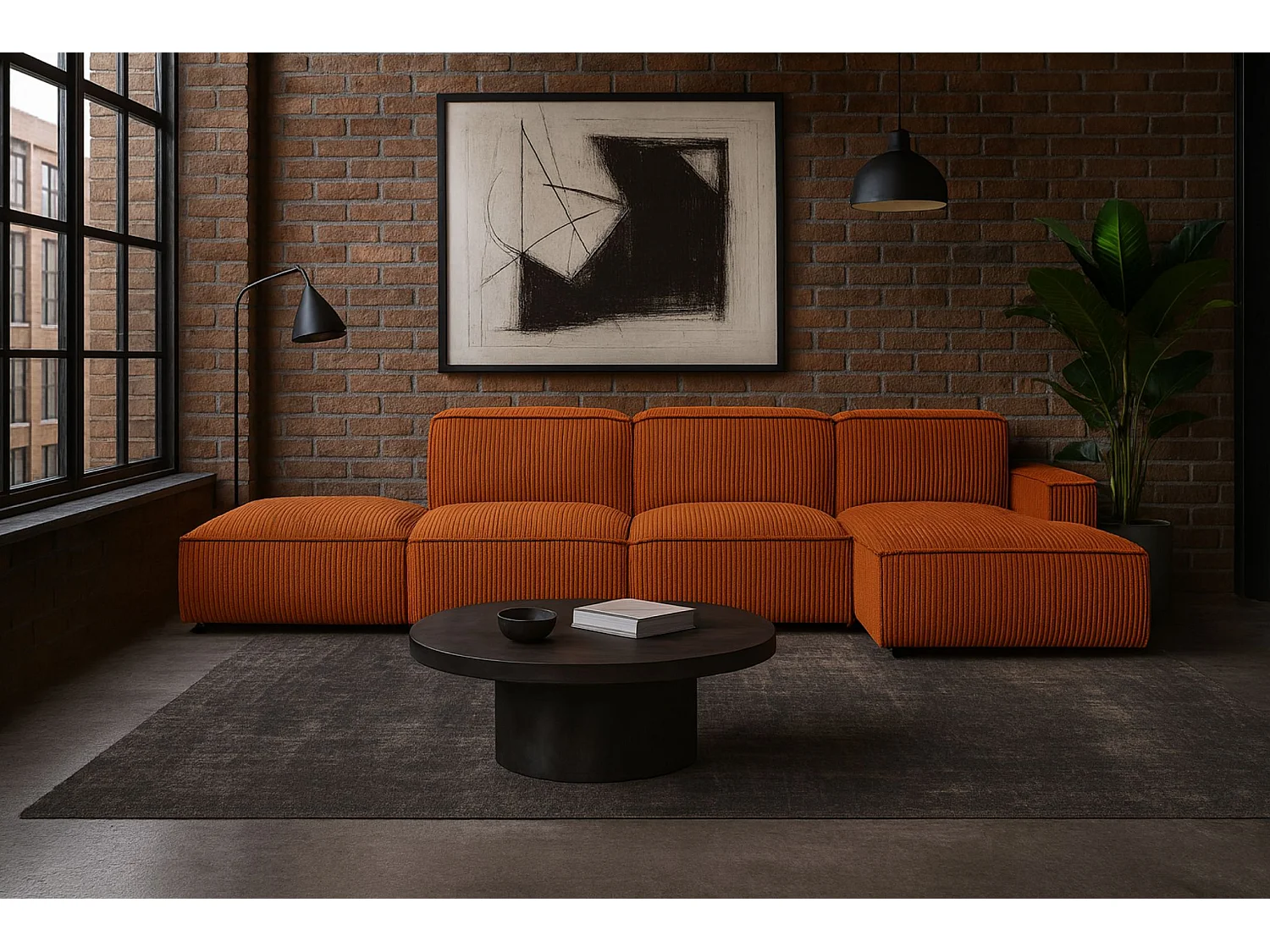 Canapé d'angle en L + tabouret Cursal, tissu Poso, cuivre, droite