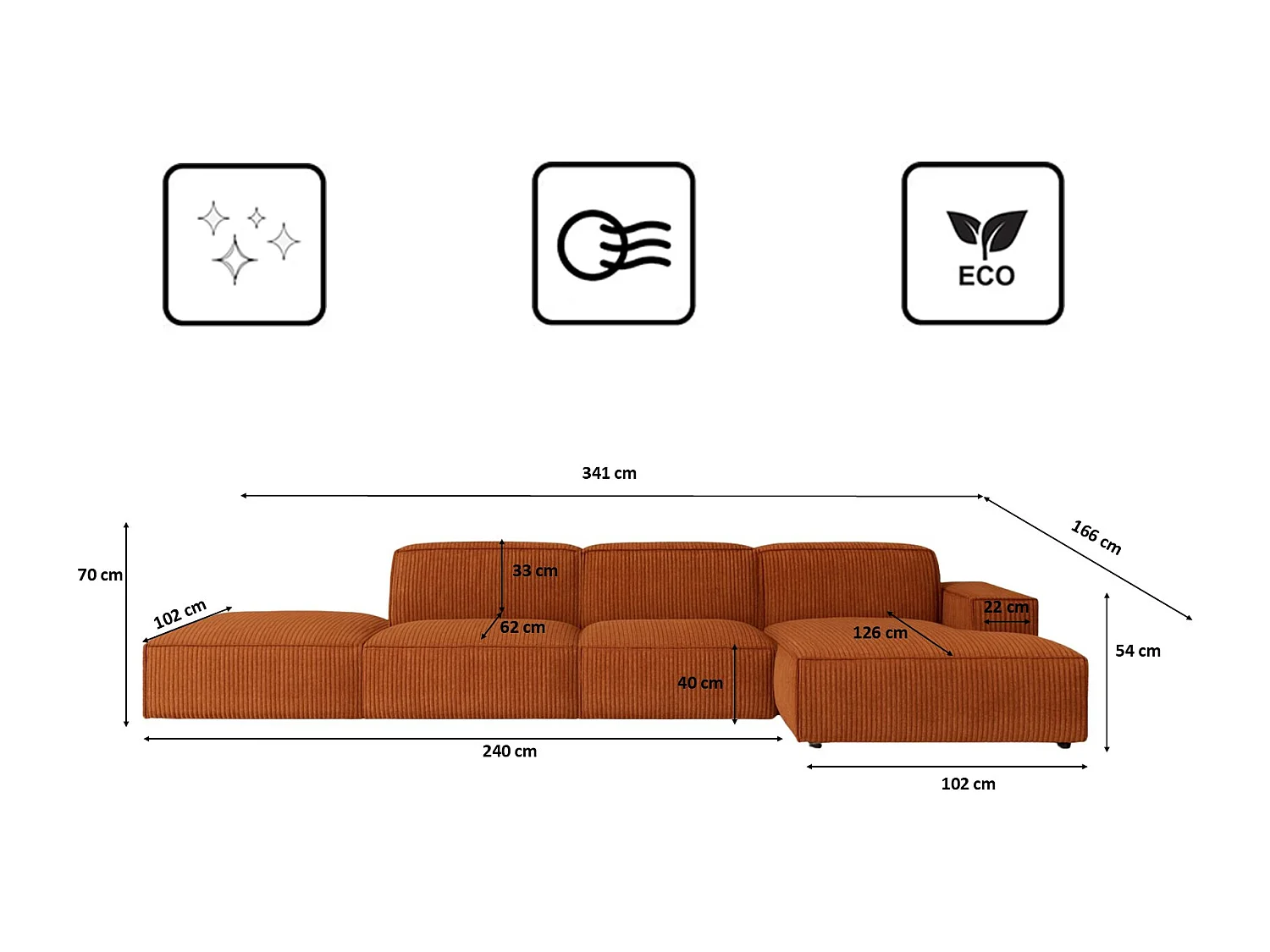 Canapé d'angle en L + tabouret Cursal, tissu Poso, cuivre, droite